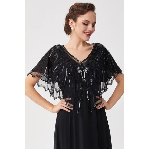 Women Sequin Beaded Evening Cape 1920s Shawl  Wraps (Black) - Picture 2 of 6
